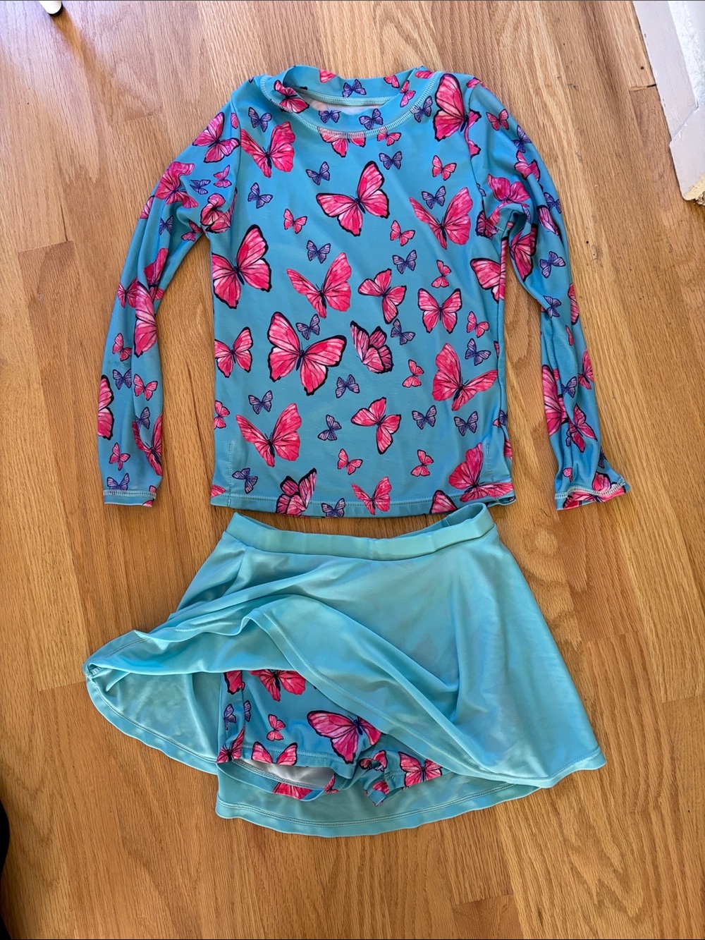 Blue Butterfly Two-Piece Swim Set with Skirt